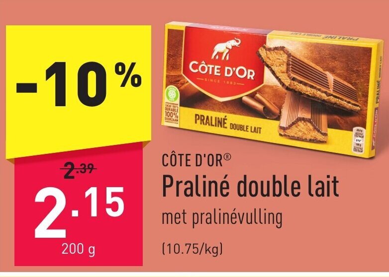 CÔTE D'OR Praliné double lait 200 g promotie bij ALDI