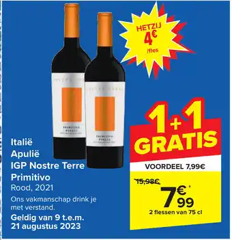 Carrefour Italië Apulië IGP Nostre Terre Primitivo aanbieding