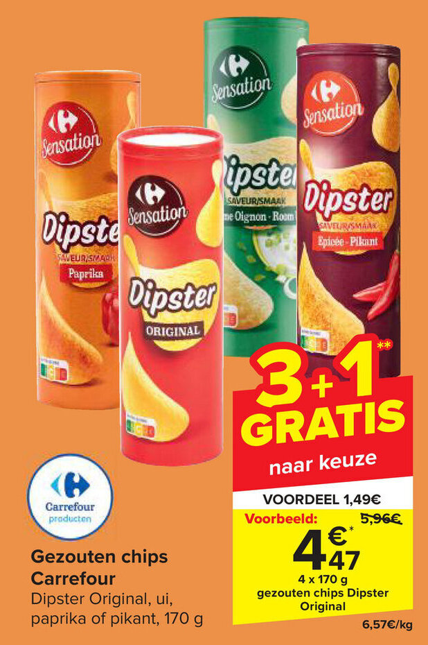Gezouten chips Carrefour Dipster Original, ui, paprika of pikant, 4 x