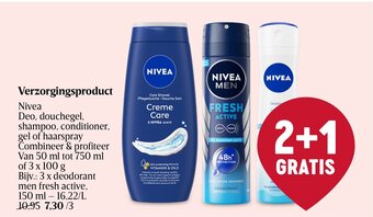 Delhaize Verzorgingsproduct Nivea Deo, douchegel, shampoo, conditioner, gel of haarspray Van 50 ml tot 750 ml of 3 x 100 g aanbieding