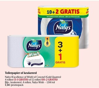 Delhaize Toiletpapier of keukenrol, Nalys(Excellence of Wish) of Cosynel (Gold Quattro) 4 rollen(3+1 GRATIS) of 12 rollen(10+2 GRATIS) aanbieding