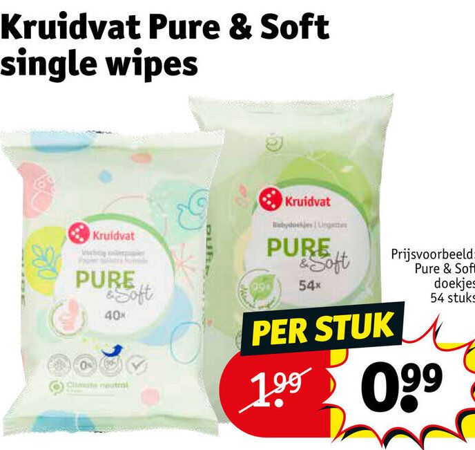 Kruidvat Pure & Soft single wipes promotie bij Kruidvat