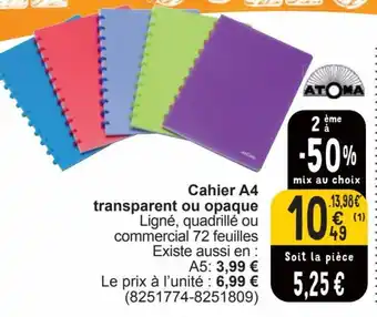 Cora ATOMA Cahier A4 transparent ou opaque aanbieding