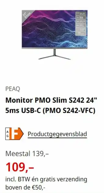 MediaMarkt PEAQ Monitor PMO Slim $242 24" 5ms USB-C (PMO S242-VFC) aanbieding