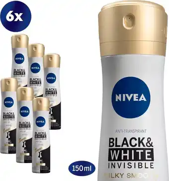 Bol.com Nivea black & white silky smooth 6 x 150 ml - voordeelverpakking - deodorant spray aanbieding