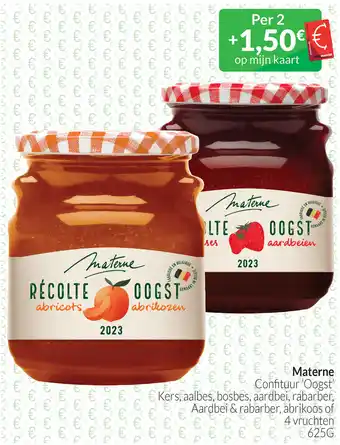 Intermarché Materne Confituur 'Oogst aardbei, rabarber, Aardbei & rabarber, abrikoos of 4 vruchten 625 g aanbieding