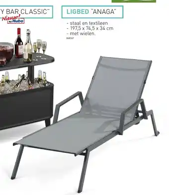 Hubo LIGBED "ANAGA" - staal en textileen - 197,5 x 74,5 x 34 cm - met wielen. aanbieding