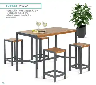 Hubo TUINSET“PADUA” - tafel 130 x 70 cm (hoogte: 92 cm) - 4 krukken 34 x 34 cm - aluminium en eucalyptus. aanbieding
