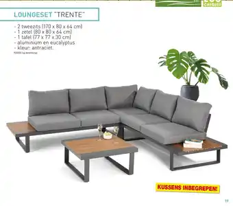 Hubo LOUNGESET “TRENTE” - 2 tweezits (170 x 80 x 64 cm) - 1 zetel (80 x 80 x 64 cm) - 1 tafel (77 x 77 x 30 cm) aanbieding