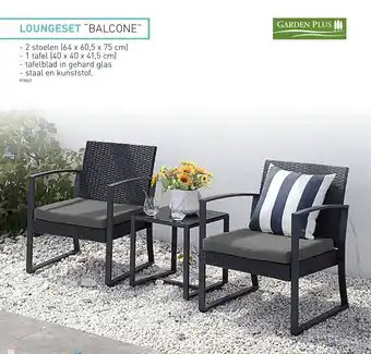 Hubo LOUNGESET “BALCONE" - 2 stoelen (64 x 60,5 x 75 cm) - 1 tafel (40 x 40 x 41,5 cm) - tafelblad in gehard glas aanbieding