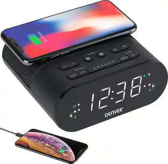 Denver wekkerradio met draadloze oplader - dual alarmklok en dimmer - digitale wekker - fm radio - crq107 - zwart