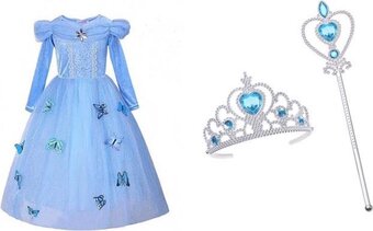 Bol.com Prinsessenjurk blauwe verkleedjurk maat 134/140 + staf en kroon - met vlinders - (labelmaat 140) aanbieding