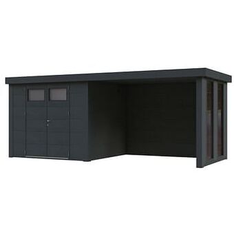 Makro Stalen tuinhuis Eleganto 300 x 240 cm dubbele deur met extensie rechts 280 cm en 2 smalle ramen + gratis drempeloprit t.w.v. aanbieding