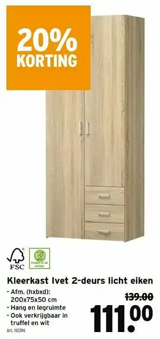 GAMMA Kleerkast ivet 2-deurs licht eiken aanbieding