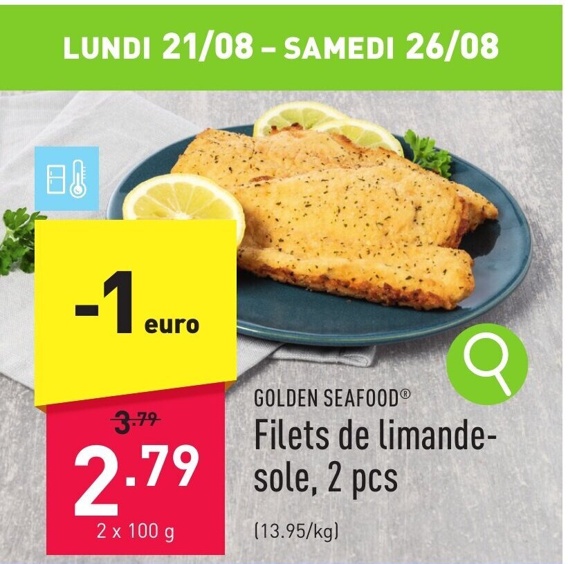 GOLDEN SEAFOODⓇ Filets de limande sole, 2 x 100g promotie bij ALDI