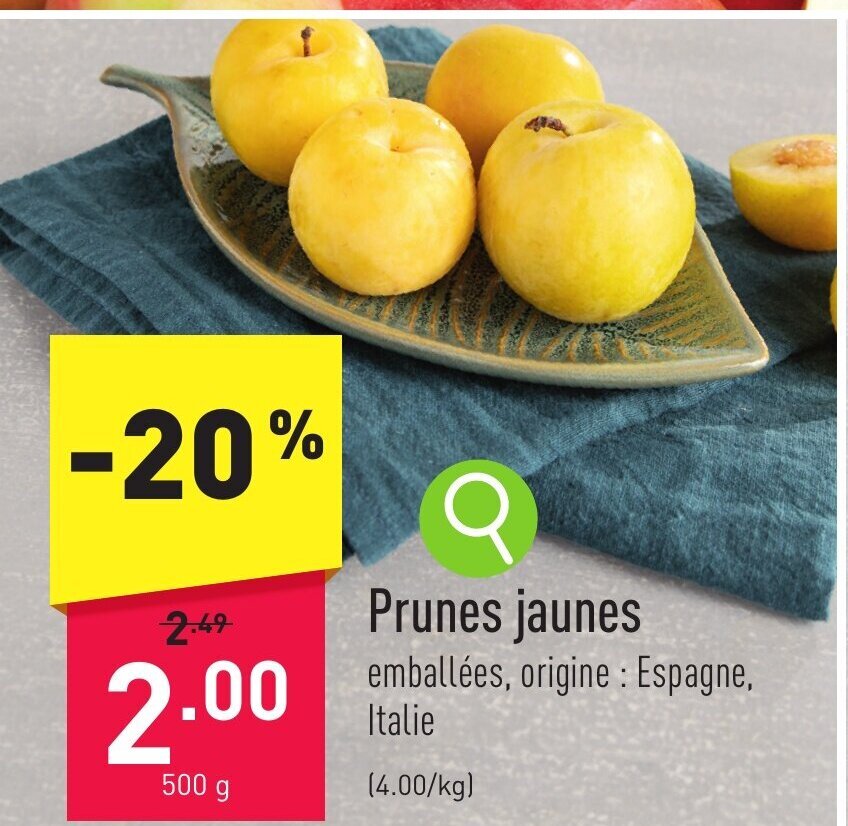 Prunes jaunes emballées, origine Espagne, 500g promotie bij ALDI