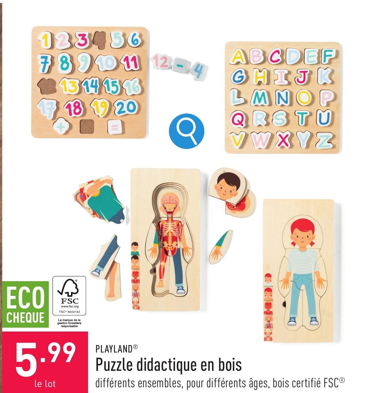 PLAYLANDⓇ Puzzle didactique en bois promotie bij ALDI