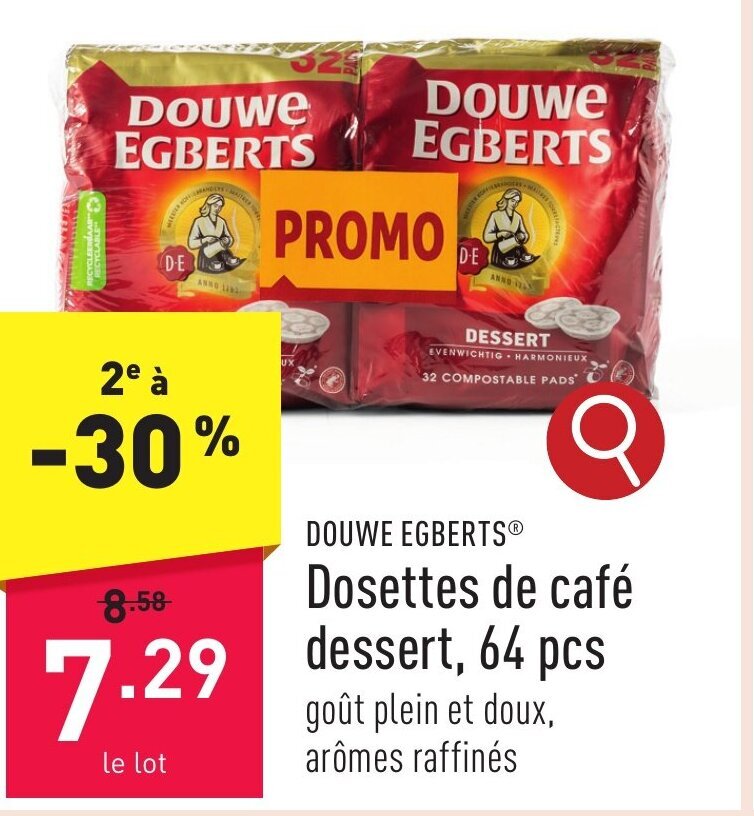 DOUWE EGBERTS® Dosettes de café dessert, 64 pcs goût plein et doux, arômes raffinés promotie bij