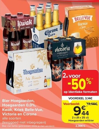 Carrefour Bier hoegaarden, hoegaarden 0,0%, kwak, kriek belle-vue, victoria en corona aanbieding
