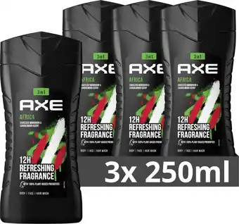 Bol.com Axe africa 3-in-1 douchegel voor lichaam, gezicht en haar - 3 x 250 ml - voordeelverpakking aanbieding