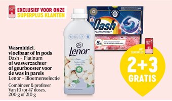 Delhaize Wasmiddel, vloeibaar of in pods Dash Platinum of wasverzachter of geurbooster voor de was in parels aanbieding