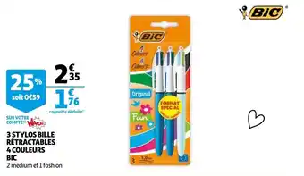 Auchan 3 Stylos Bille Rétractables 4 Couleurs Bic aanbieding
