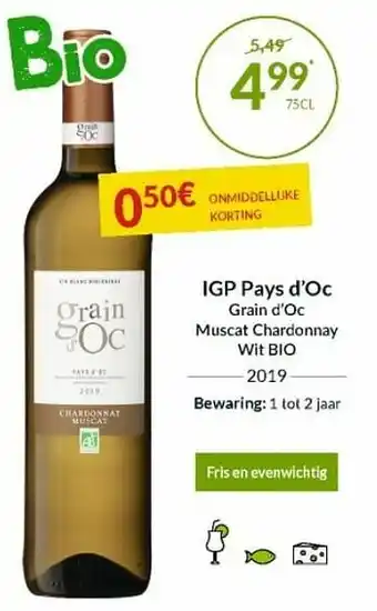 Intermarché Igp pays d`oc grain d`oc muscat chardonnay wit bio aanbieding