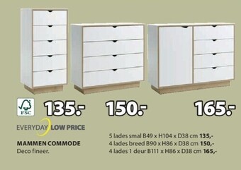 Jysk Mammen commode 5 lades smal b49 x h104 x d38 cm aanbieding