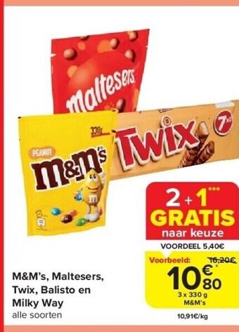 Carrefour M&m’s, maltesers, twix, balisto en milky way aanbieding