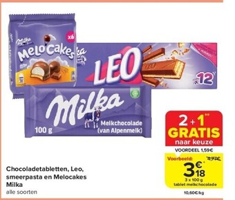 Carrefour Chocoladetabletten, leo, smeerpasta en melocakes milka aanbieding