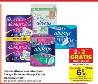 Carrefour Gamma always maandverband, always platinum, always cotton en always night aanbieding