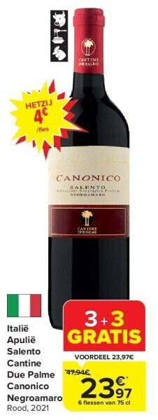 Carrefour Italië apulië salento cantine due palme canonico negroamaro rood, 2021 aanbieding