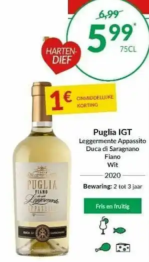 Intermarché Puglia igt leggermente appassito duca di saragnano fiano wit 2020 aanbieding