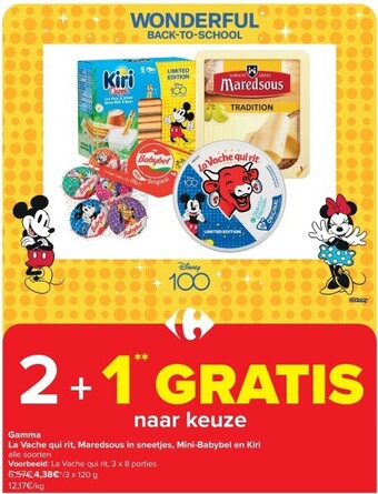 Carrefour Gamma la vache qui rit, maredsous in sneetjes, mini-babybel en kiri aanbieding