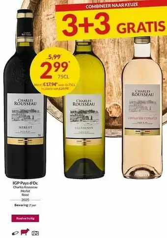 Intermarché Igp pays d`oc charles rousseau merlot rood 2020 aanbieding