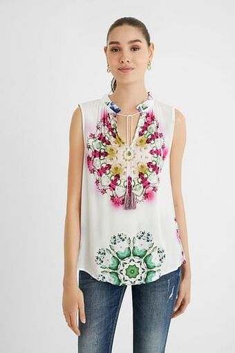 Desigual Mouwloze blouse met print - WHITE - XXL aanbieding