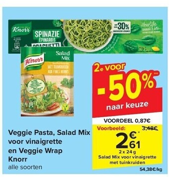 Carrefour Veggie pasta, salad mix voor vinaigrette en veggie wrap knorr aanbieding
