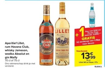 Carrefour Aperitief lillet, rum havana club, whisky jameson, wodka absolut en gin malfy aanbieding