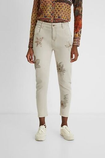 Slim fit enkelbroek met bloemen - BLUE - 44