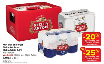 Carrefour Market Krat bier en blikjes Stella Artois en Stella Artois 0,0% aanbieding