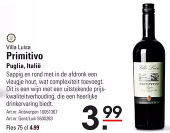 Sligro Villa Luisa Primitivo 75cl aanbieding