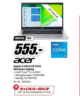 MediaMarkt Acer aspire 5 a514-54-5741 windows-laptop aanbieding