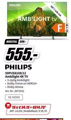MediaMarkt Philips 50pus8108/12 ambilight 4k tv aanbieding