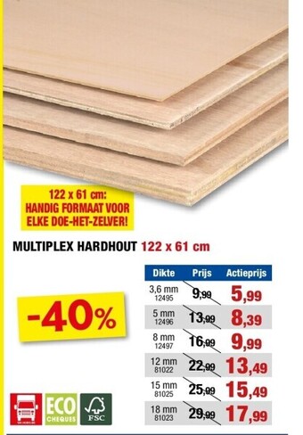 Hubo Multiplex hardhout 122 x 61 cm 3,6 mm aanbieding