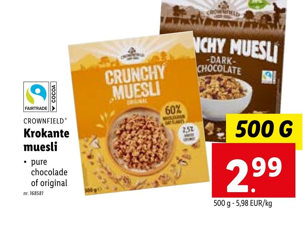 CROWNFIELD Krokante muesli 500g promotie bij Lidl