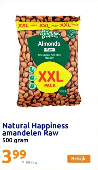 Action Natural Happiness amandelen Raw 500 gram aanbieding