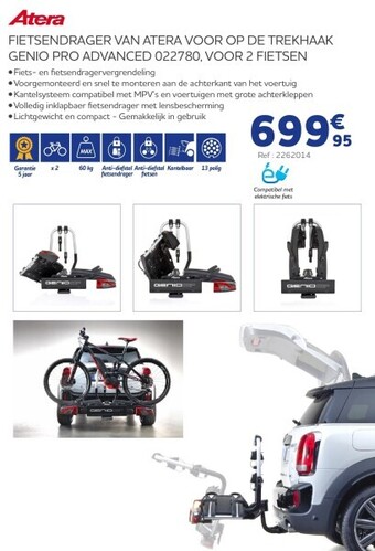 Auto5 Fietsendrager van atera voor op de trekhaak genio pro advanced 022780, voor 2 fietsen aanbieding