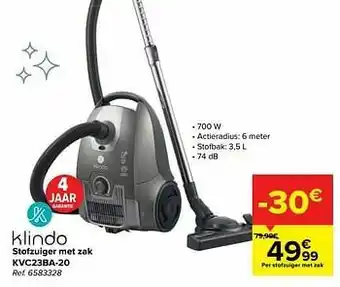 Carrefour Klindo stofzuiger met zak kvc23ba-20 aanbieding