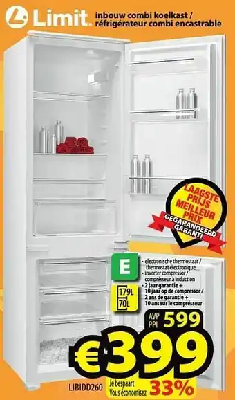 ElectroStock Limit inbouw combi koelkast - réfrigérateur combi encastrable libidd260 aanbieding