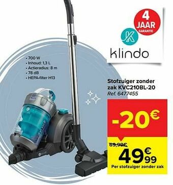Carrefour Klindo stofzuiger zonder zak kvc210bl-20 aanbieding